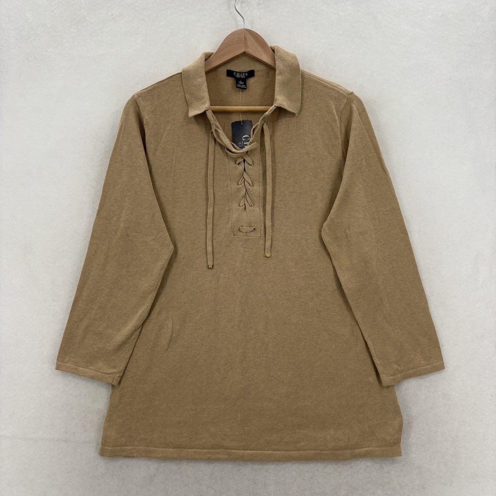 Chaps Sweater Dress Womens L Beige Collared Lace Up 3/4 Sleeve Linen Career NWT